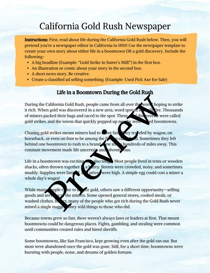 California Gold Rush Boomtown Reading & Newspaper Project (Printable PDF)